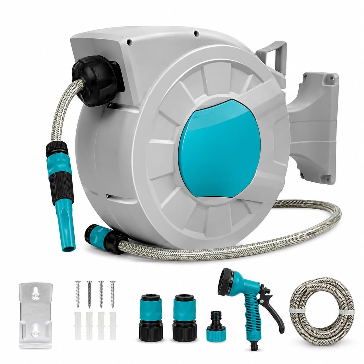 Auto-Retracting Hose Reel with Level-Track & Multi-Spray Nozzle